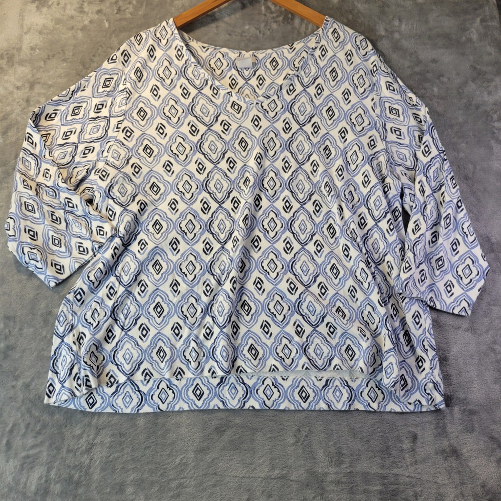 Chicos Womens 4 XXL Pima Cotton Geometric Print Top‎ Blue White Relaxed Fit